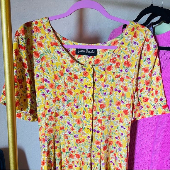 Vintage 90s Yellow Floral Midi Dress - Picture 7 of 13